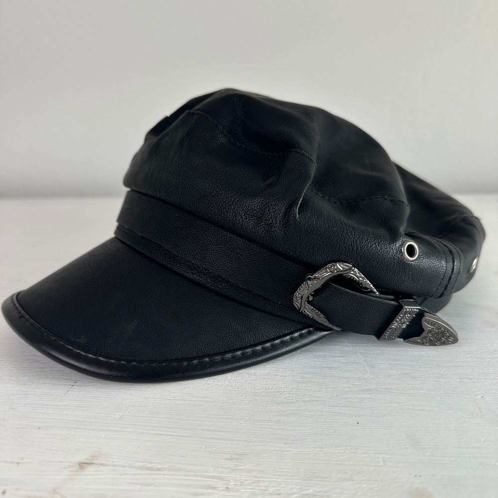Newsboy Hat Womens OS Baker Boy Fiddler Black Faux Leather Buckle